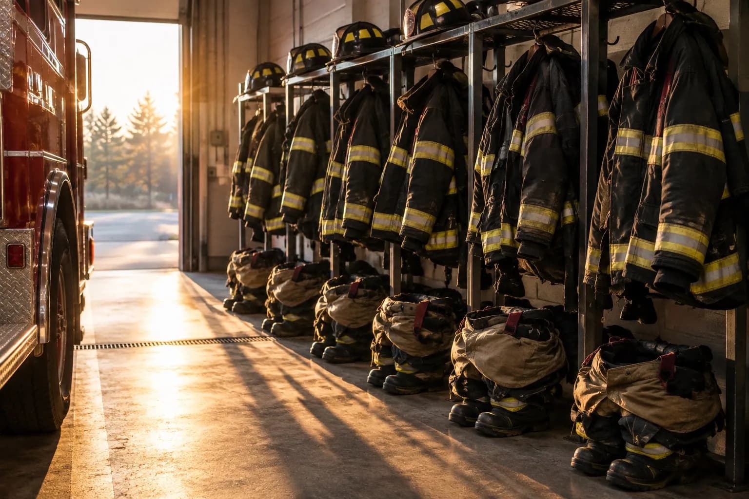 Turnout coats and helmets on a gear rack inside a fire station bay, bunker pants folded down over boots beneath them, morning sun coming through the open door.