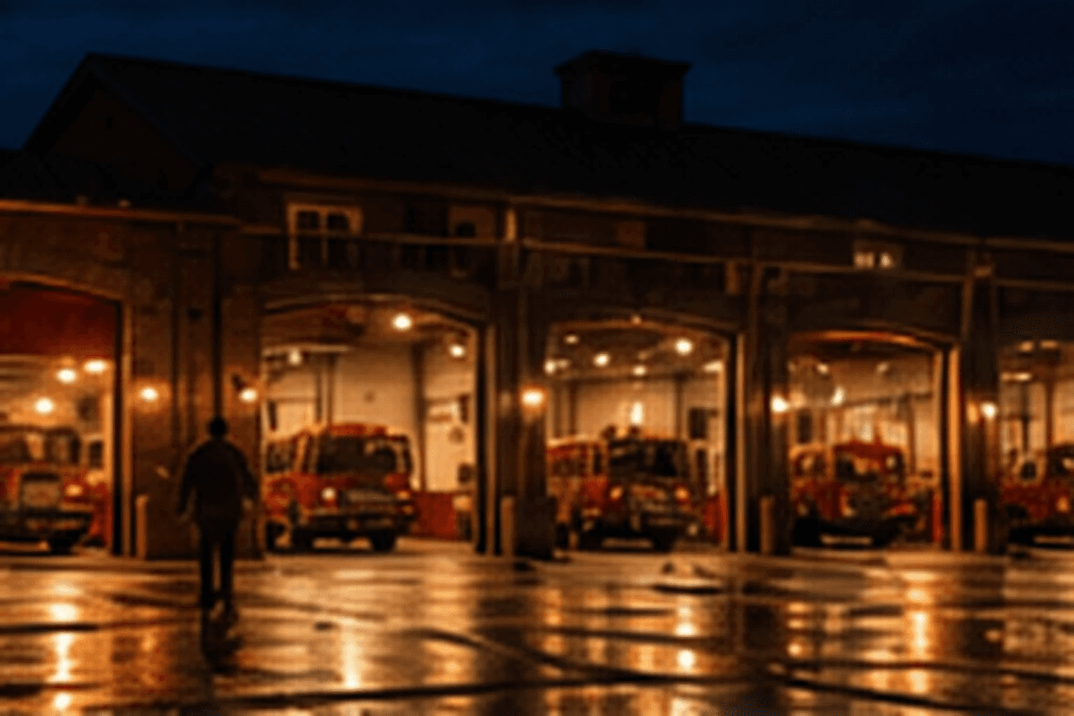 Fire station apparatus bay at night