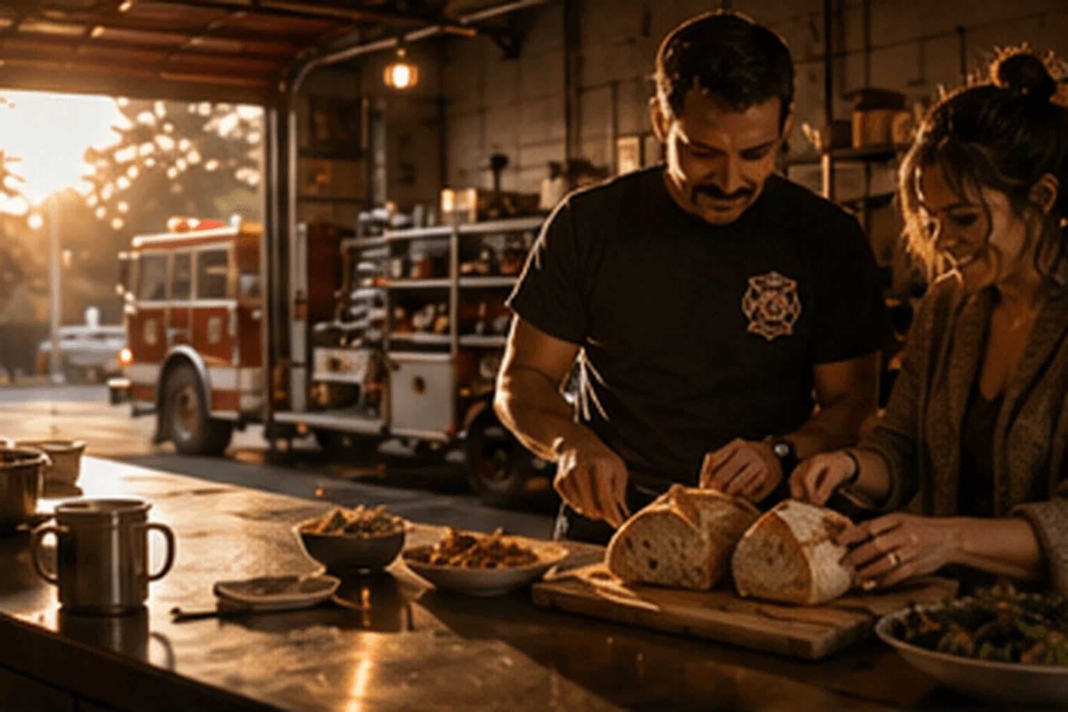 A firefighter and a neighbor breaking sourdough together in a firehouse kitchen at golden hour