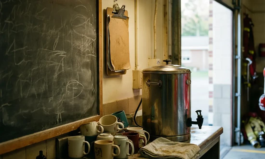 A chalkboard, a clipboard and a coffee urn on the counter of a station kitchen.