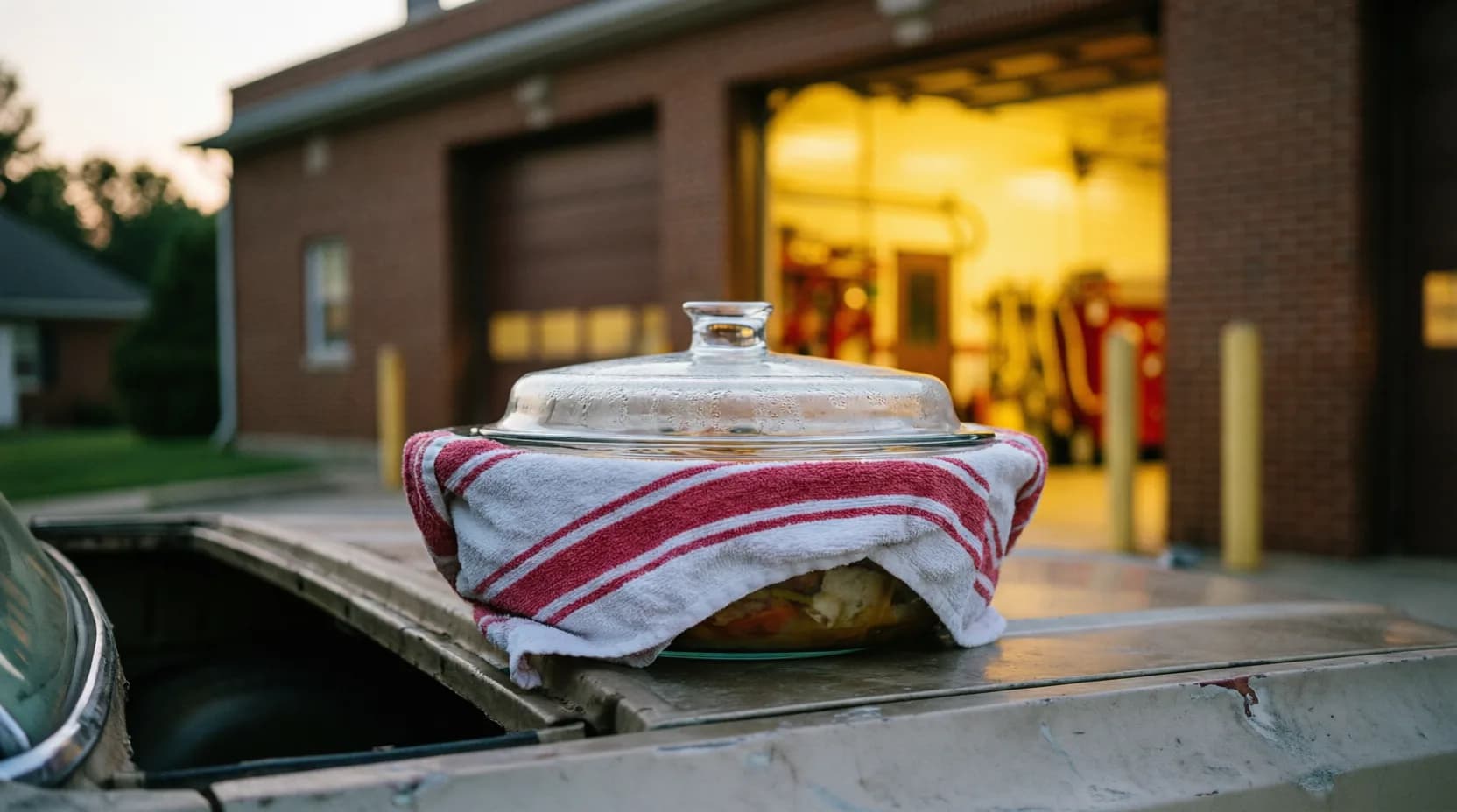 Food being shared at a fire station