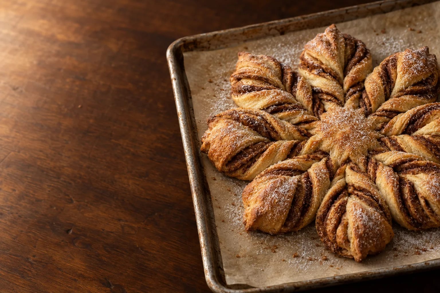 A homemade cinnamon star bread dusted with powdered sugar, cooling on a parchment-lined baking pan.