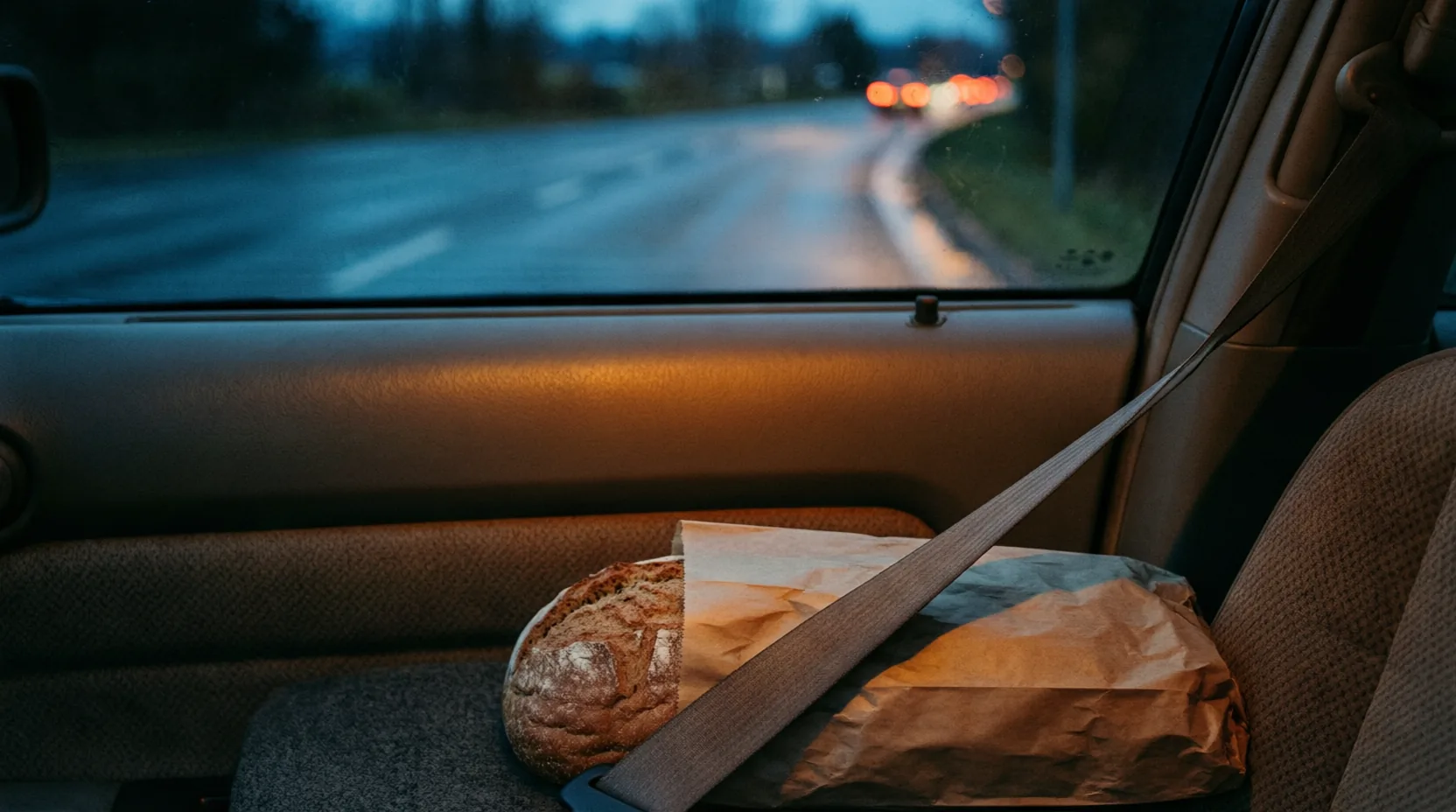 A paper-wrapped loaf belted into the passenger seat of a car at dusk, wet road and tail lights through the windshield.