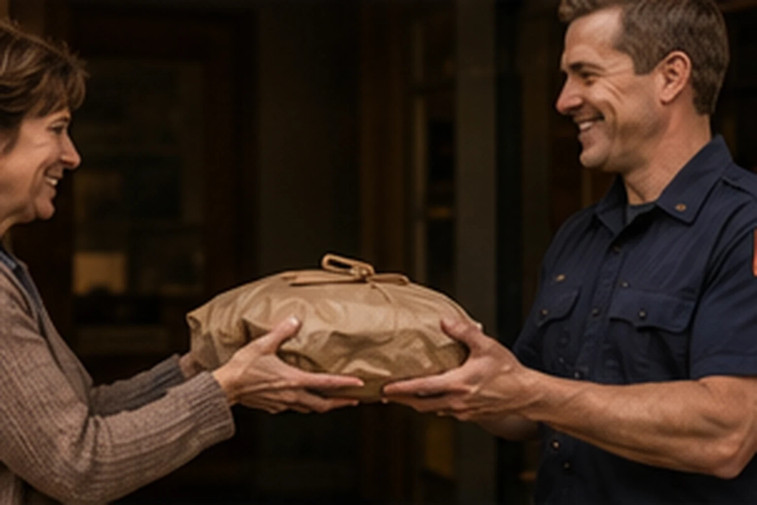 A neighbour handing a wrapped loaf to a firefighter in a station doorway.